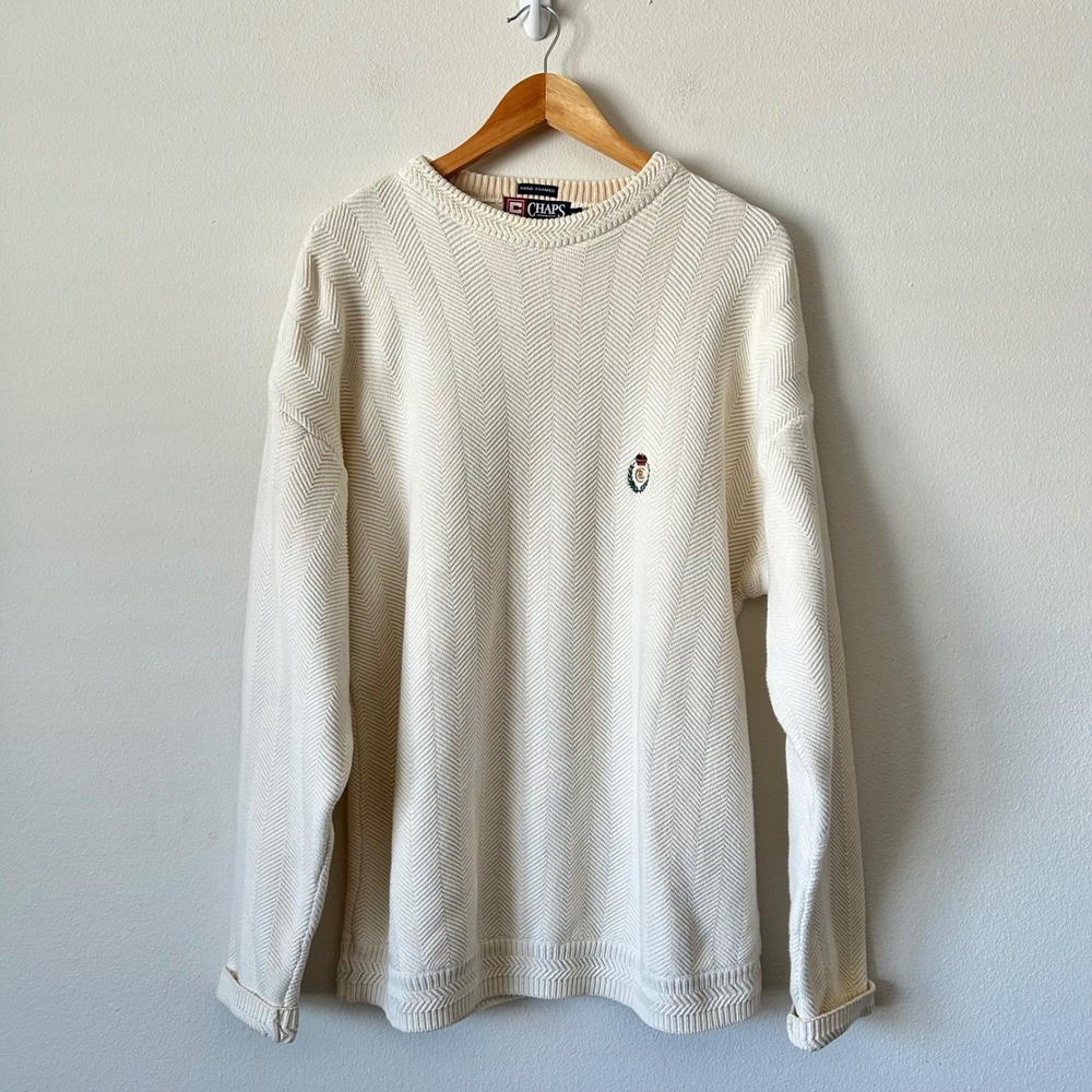 Chaps Ralph Lauren Mens XL Cream Herringbone Knit Cotton Crewneck Sweater VTG
